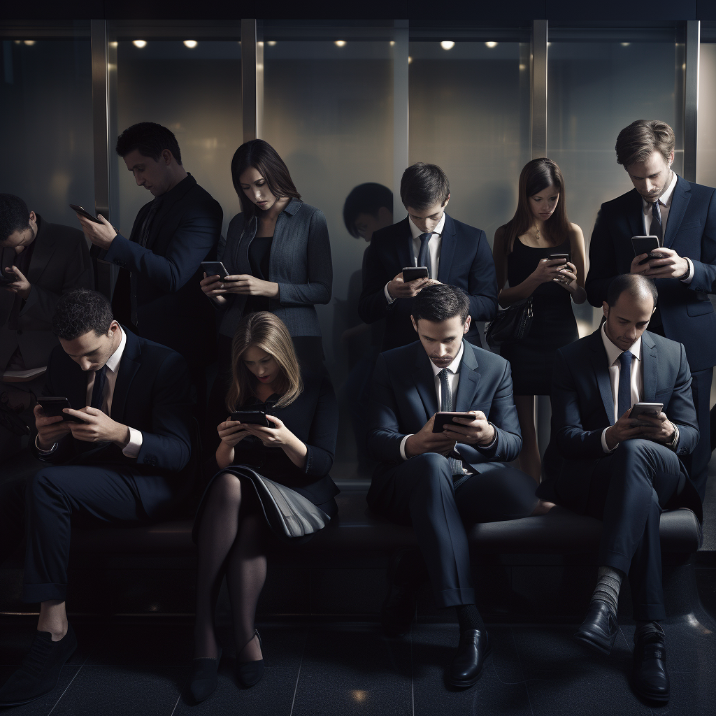 group of business people with phones everyone using business apps