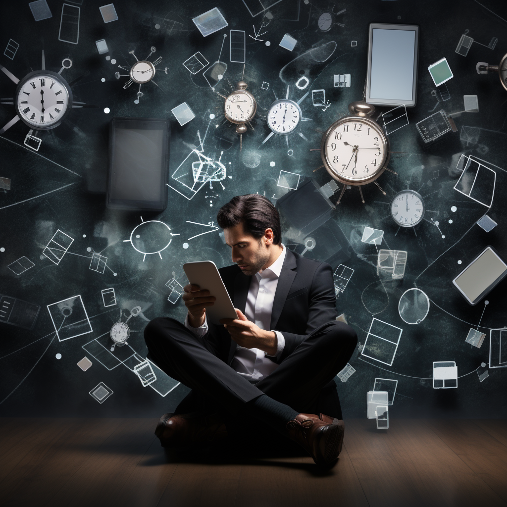 automate task with phones, tablets, man using tablet and lot of clock around and driagrams about time management