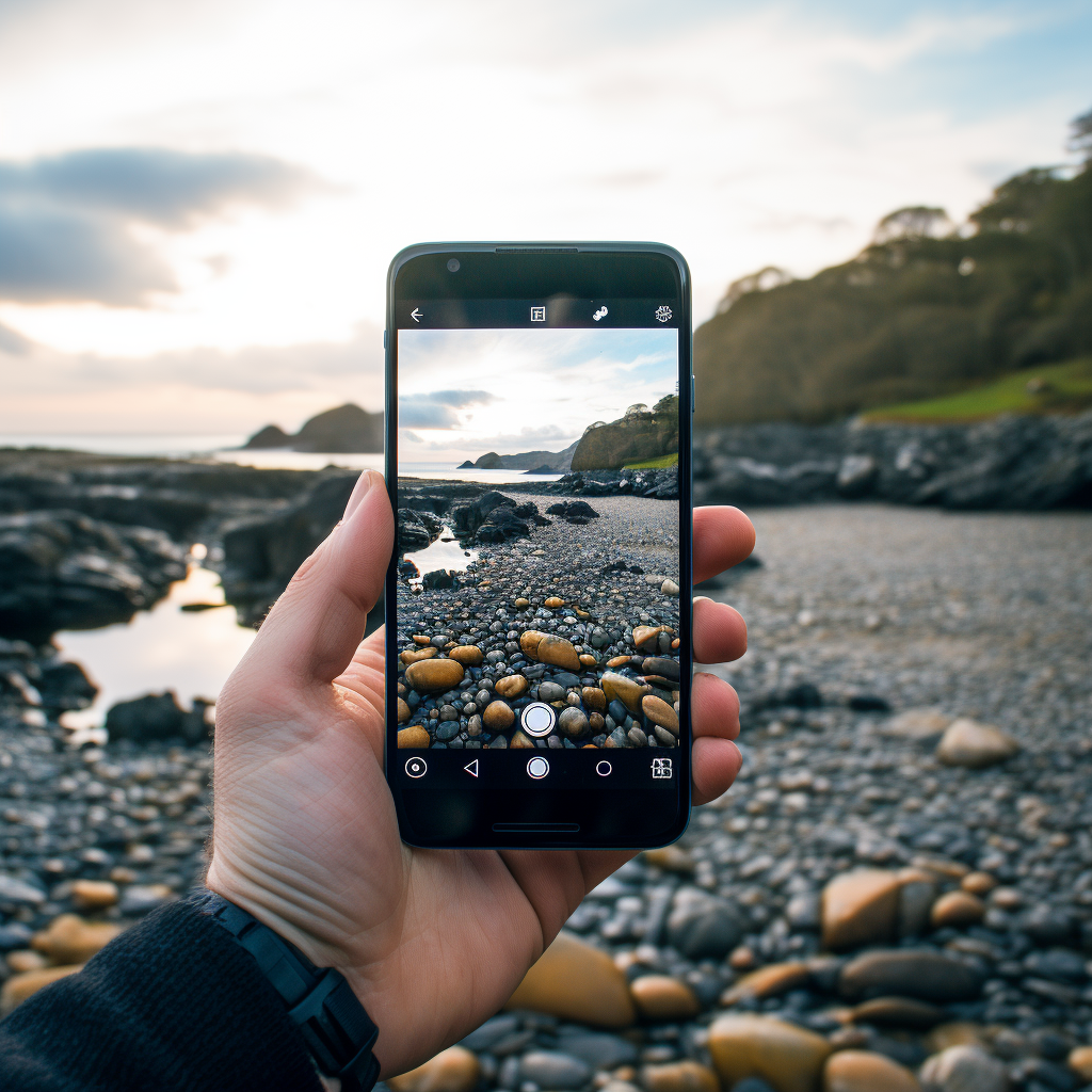 hand holding smartphone and making great landscape photo