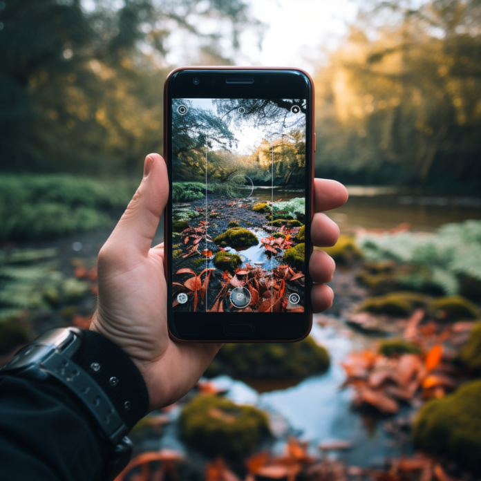 hand holding smartphone and capture great nature photo