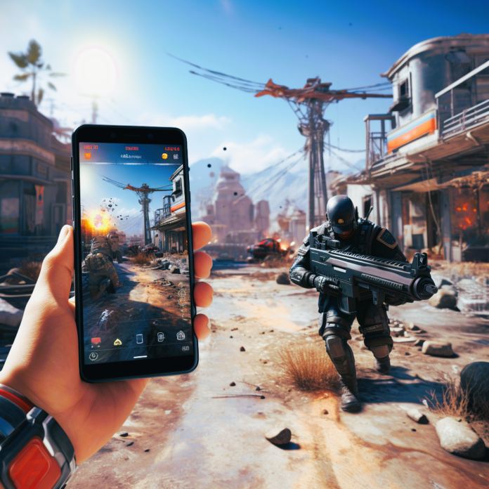 hand holding smarthphone with game call of duty warzone mobile on background there is background from game with soldier and city and sand