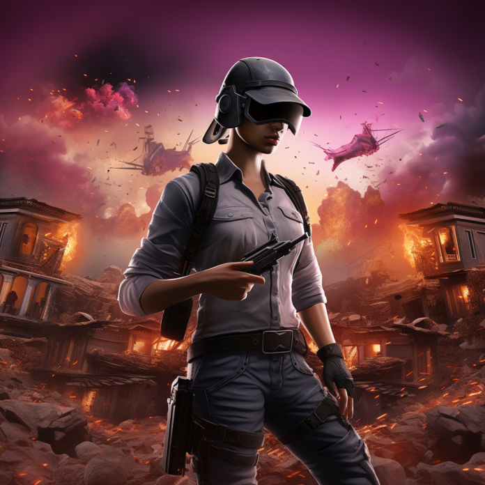 pubg mobile woman character flying airplane shooting, war in background