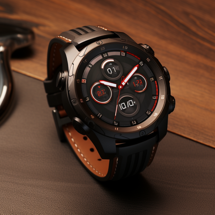 Mobvoi TicWatch Pro 5 luxury series of smartwatch on wooden desk with nice jewelery edition look