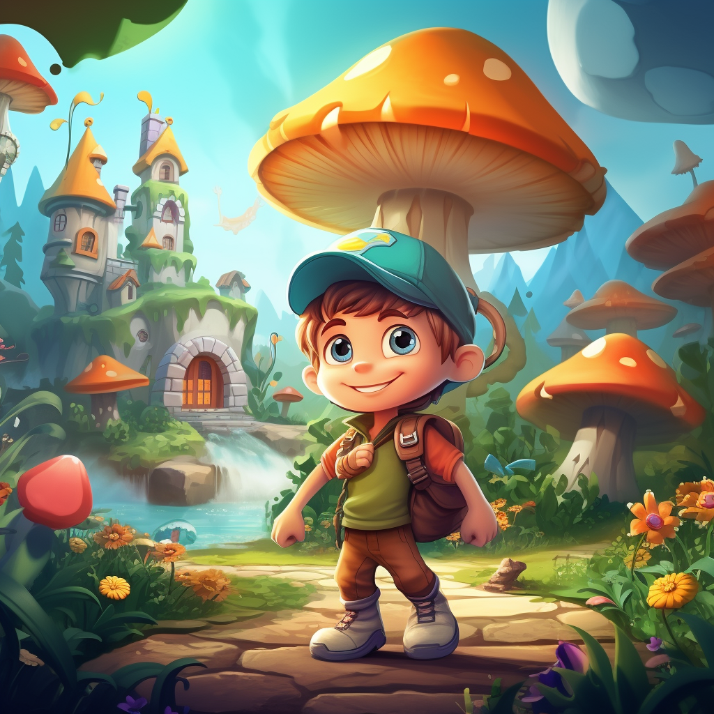 android game for kids nice illsutration of kid and big mushroom.