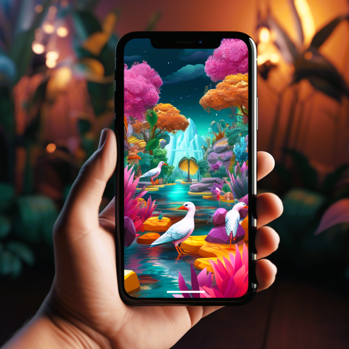 hand holding phone with canva app on smarthone with nice color picture made with canva mobile app