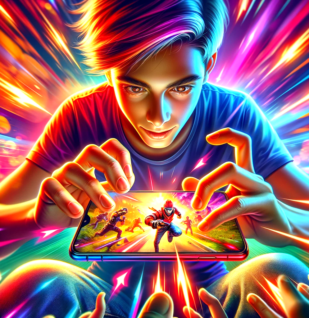 men playing game on smartphone with colorfull lights around