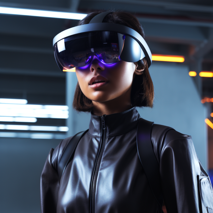 girl with black leather jacket and short hair with microsoft hololens on eyes