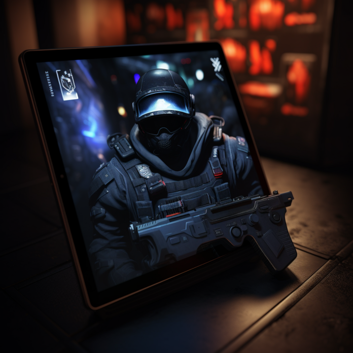 rainbow six mobile character from game on the tablet screen and weapon going outside of tablet