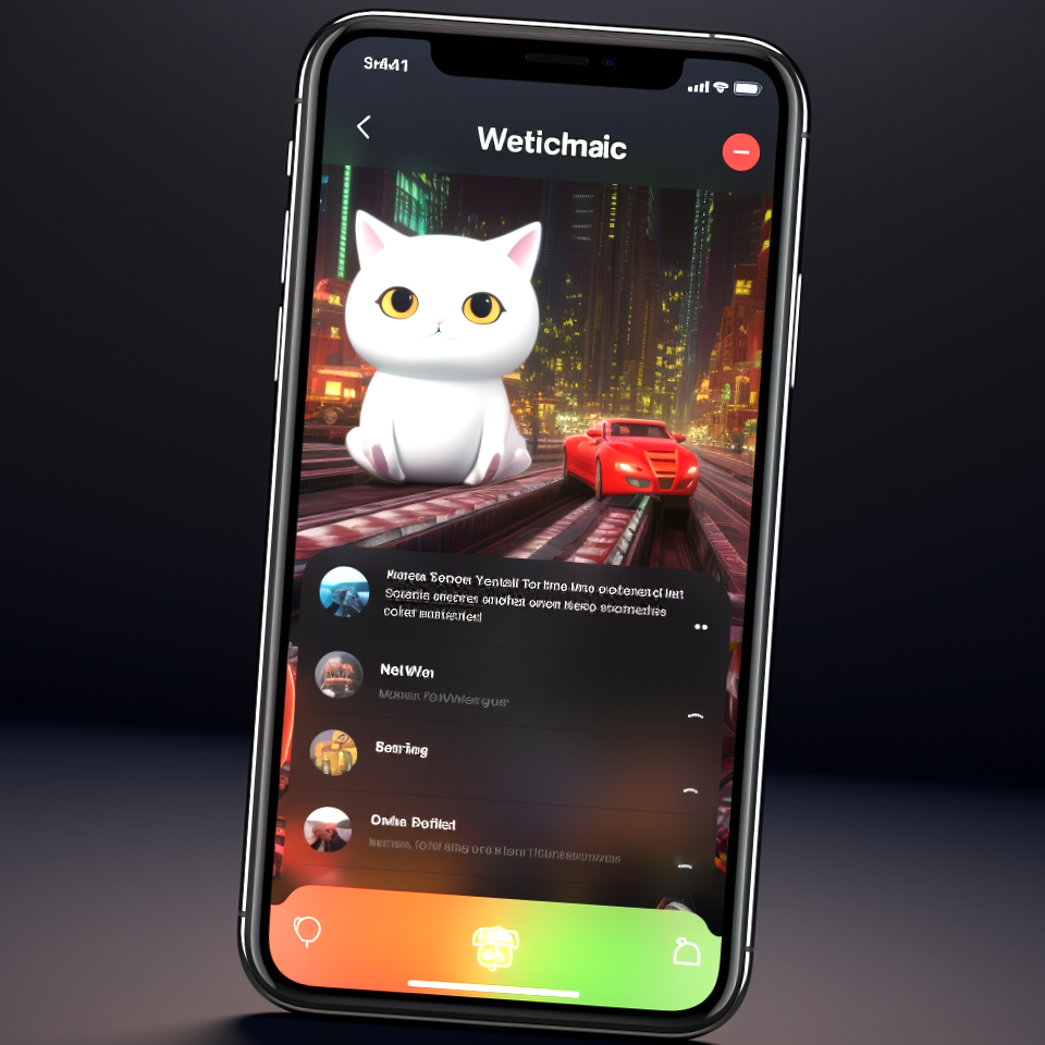 big smartphone screen with cat and car on it and few open chats from wechat app.