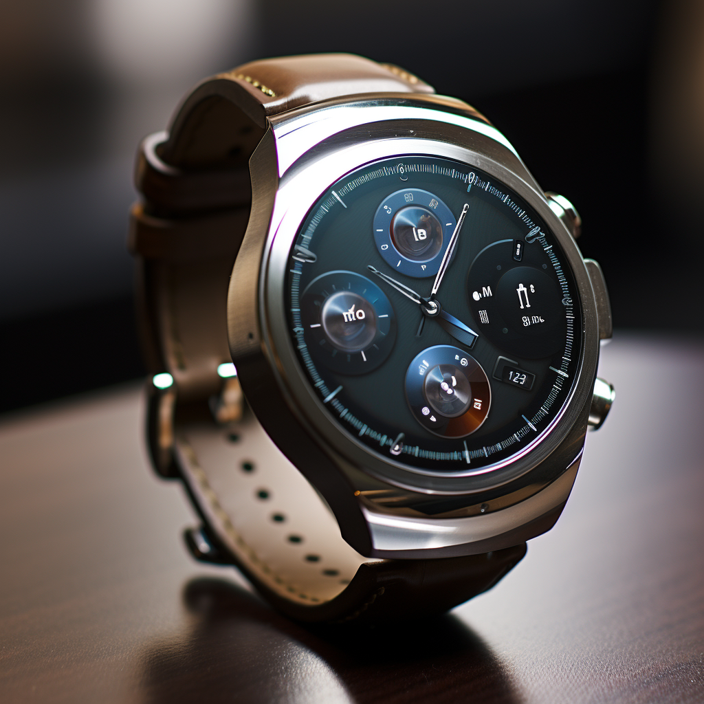 A luxurious smartwatch with a sleek, metallic finish and a brown leather strap, showcasing a digital display with various tracking features, resting on a wooden surface