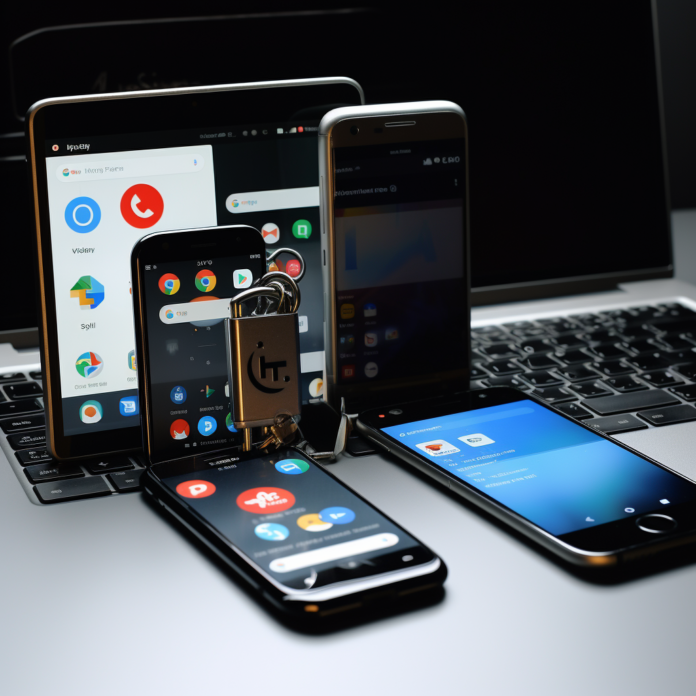 Multiple smartphones and a tablet with various security apps on the screen, locked with a physical padlock, symbolizing data protection and secure mobile browsing, all placed on a laptop keyboard.