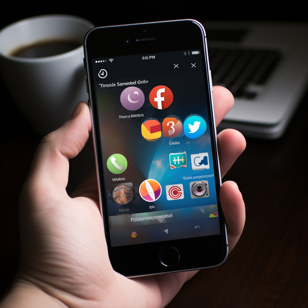 A person's hand holding a smartphone with a variety of social media and application icons on the display, with a coffee cup and a blurred laptop in the background