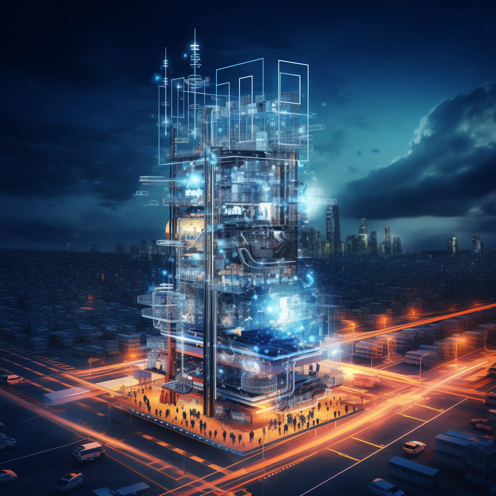 big tower building with people around, light everywhere making 5 g technology