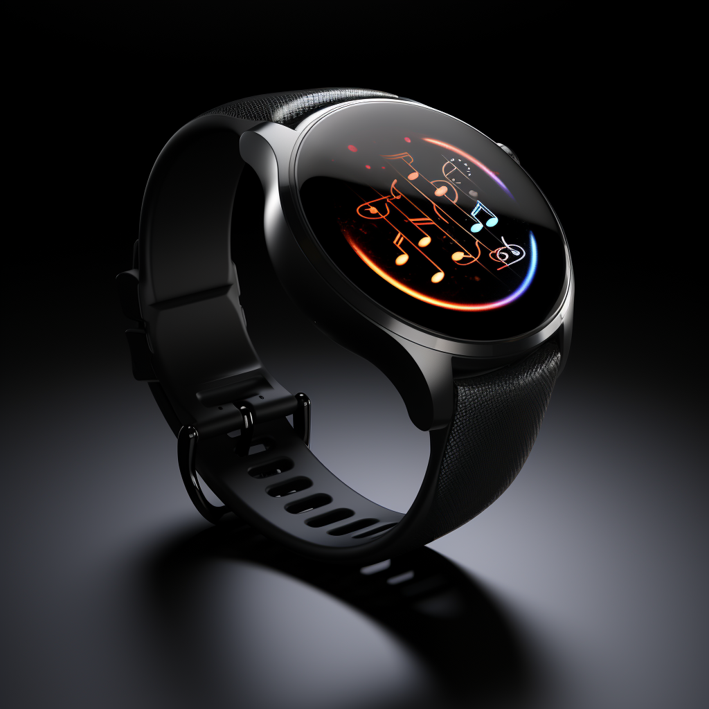 smartwatch black background and music app on screen