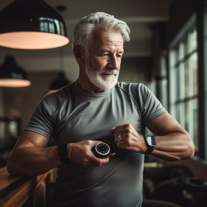 old men on morning going on exercises with fitness tracker