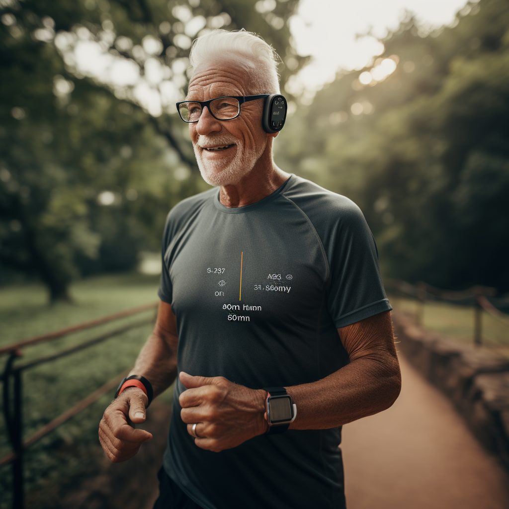 old men with glasses and sport t-shirt running have some information on t=shirt about runing and fitness tracker on hand