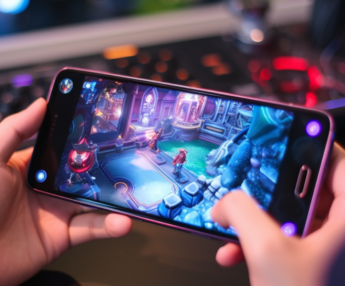 2 hands holding smartphone with esport game on android