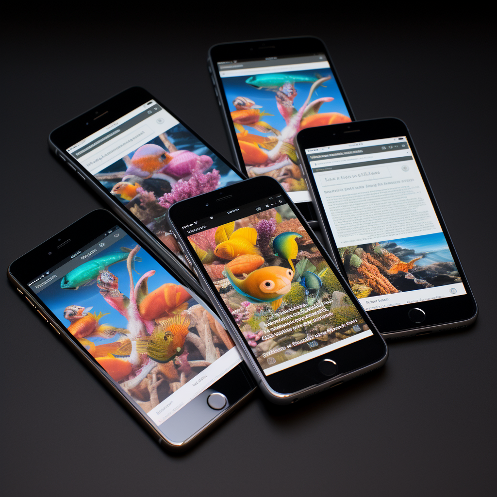 Four smartphones arranged diagonally, each displaying vibrant and colorful content ranging from aquatic life imagery to text-based articles, against a dark background