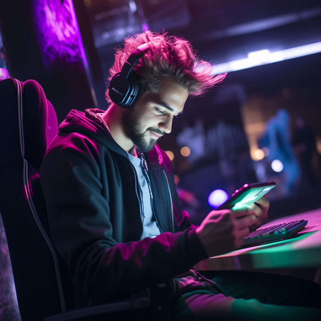 30 old male men siting on gaming chair and play on tablet