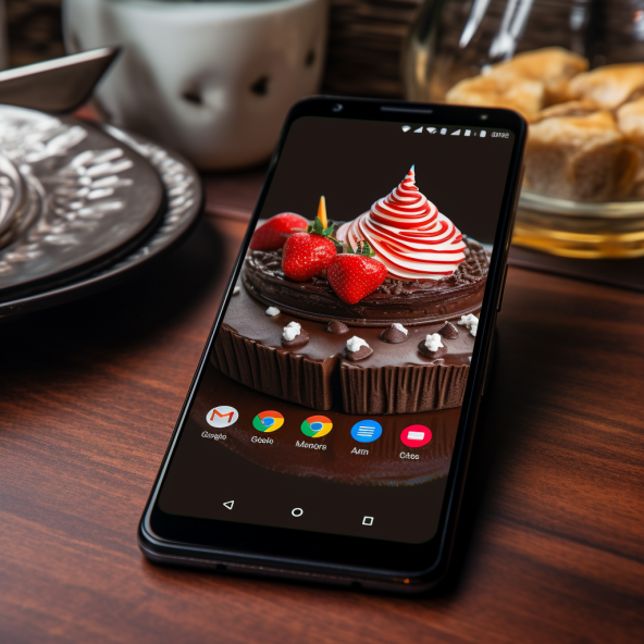 smartphone in kitchen with big strawberry cake on screen 