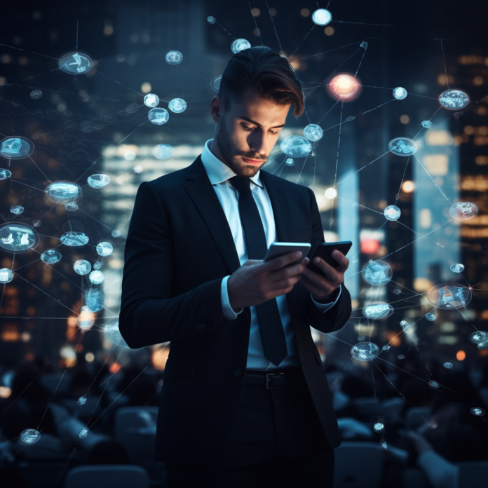 man using smartphone in business ideas