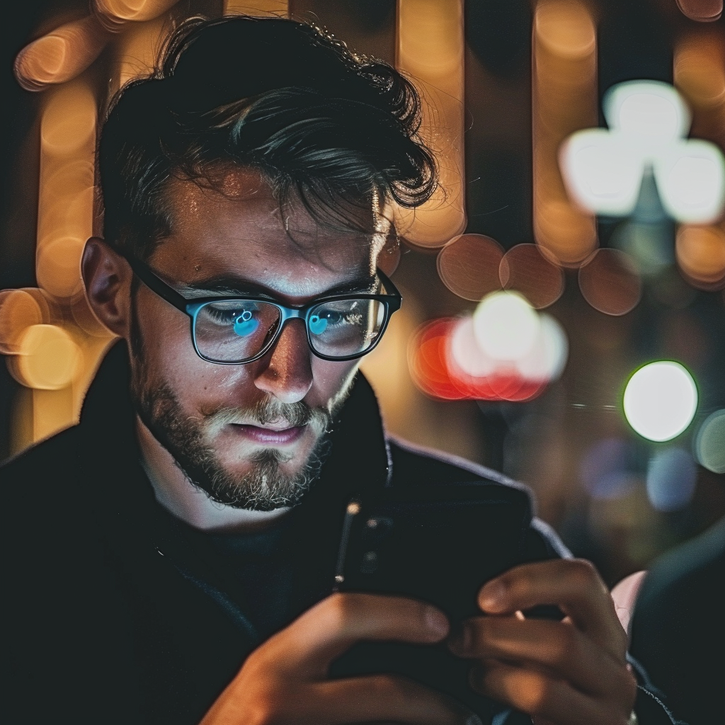 men with beard and glasses holding smartphone