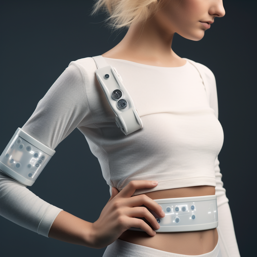 white blonde girl with lot of wearables and white top 