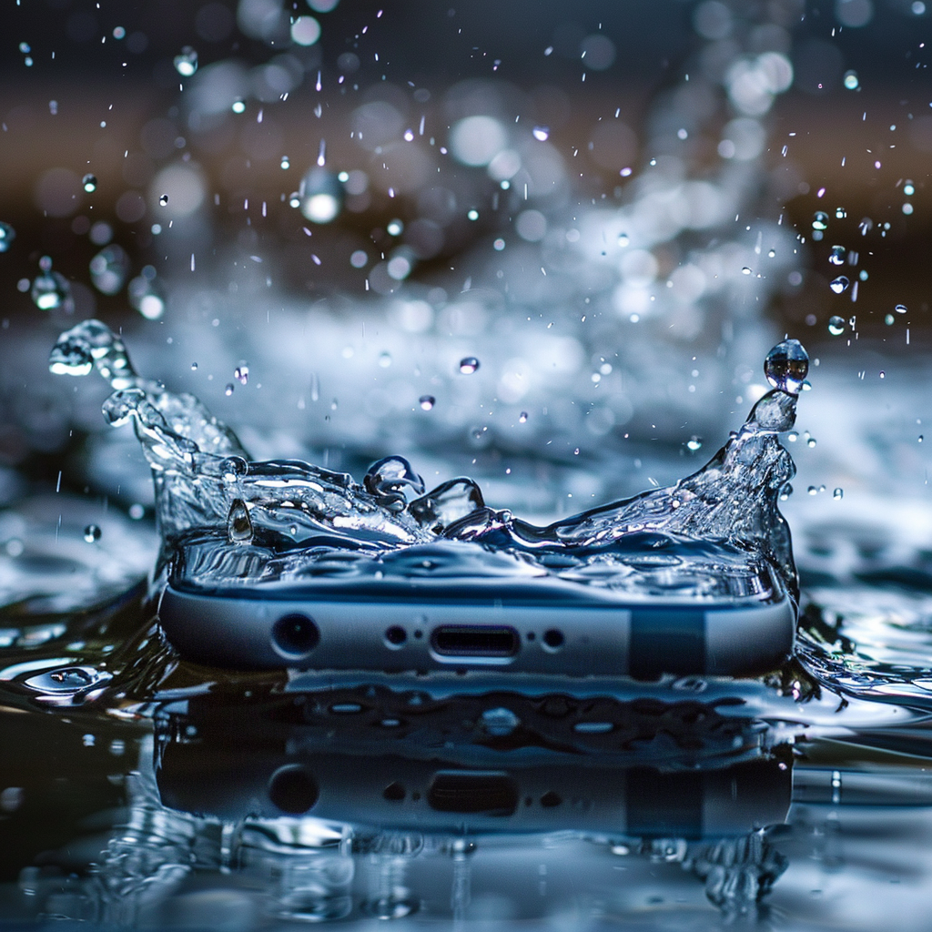 smarthphone in a water and raindrops