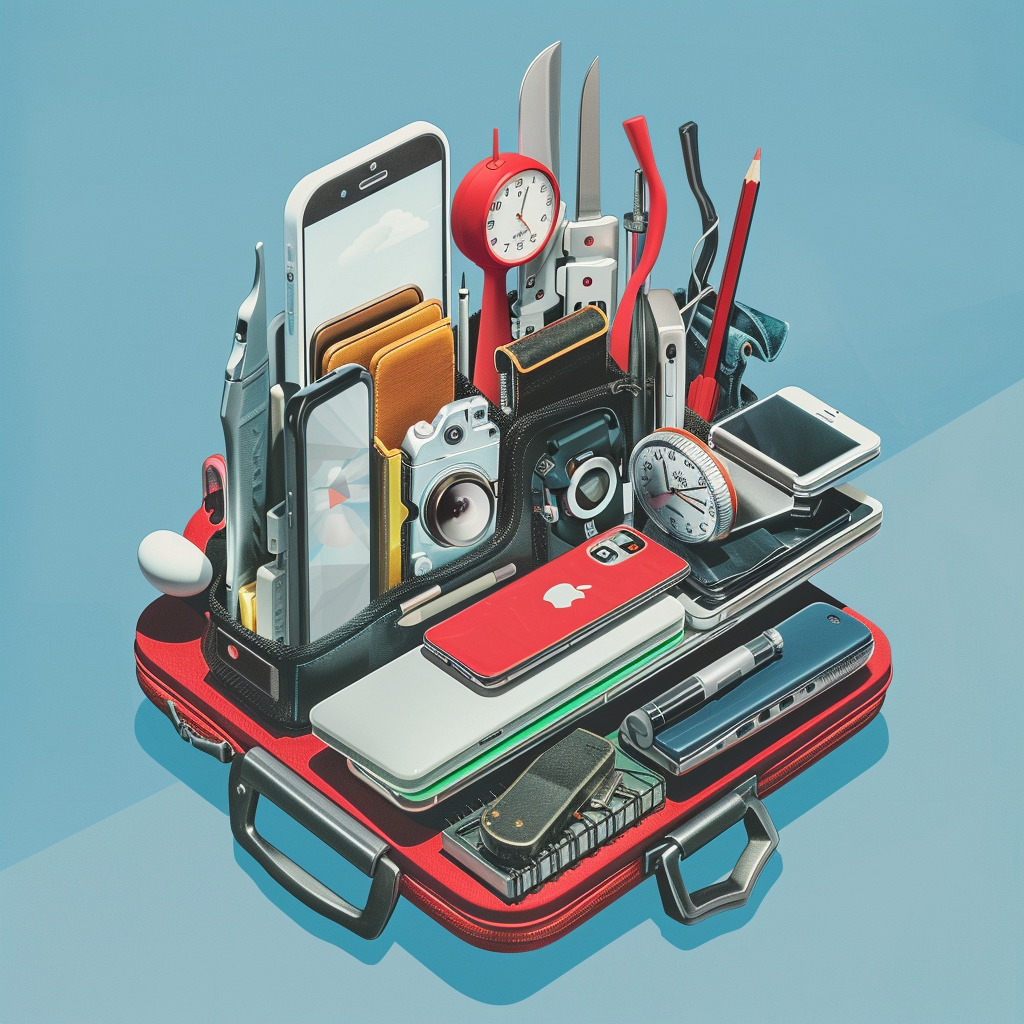 tools for freelancer, suitcase, phones, pen, clock