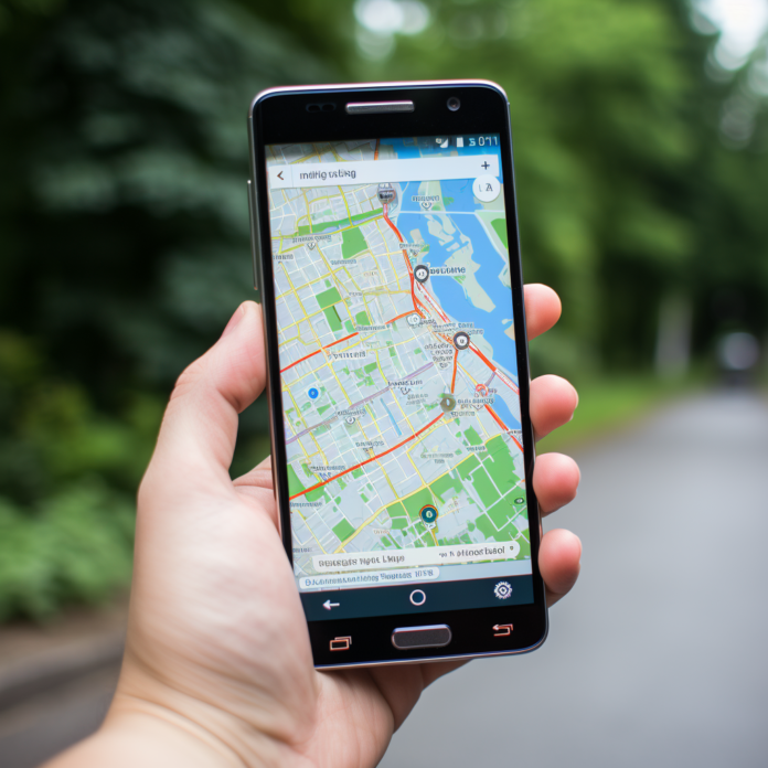 hand holding smartphone with offline android gps navigation map