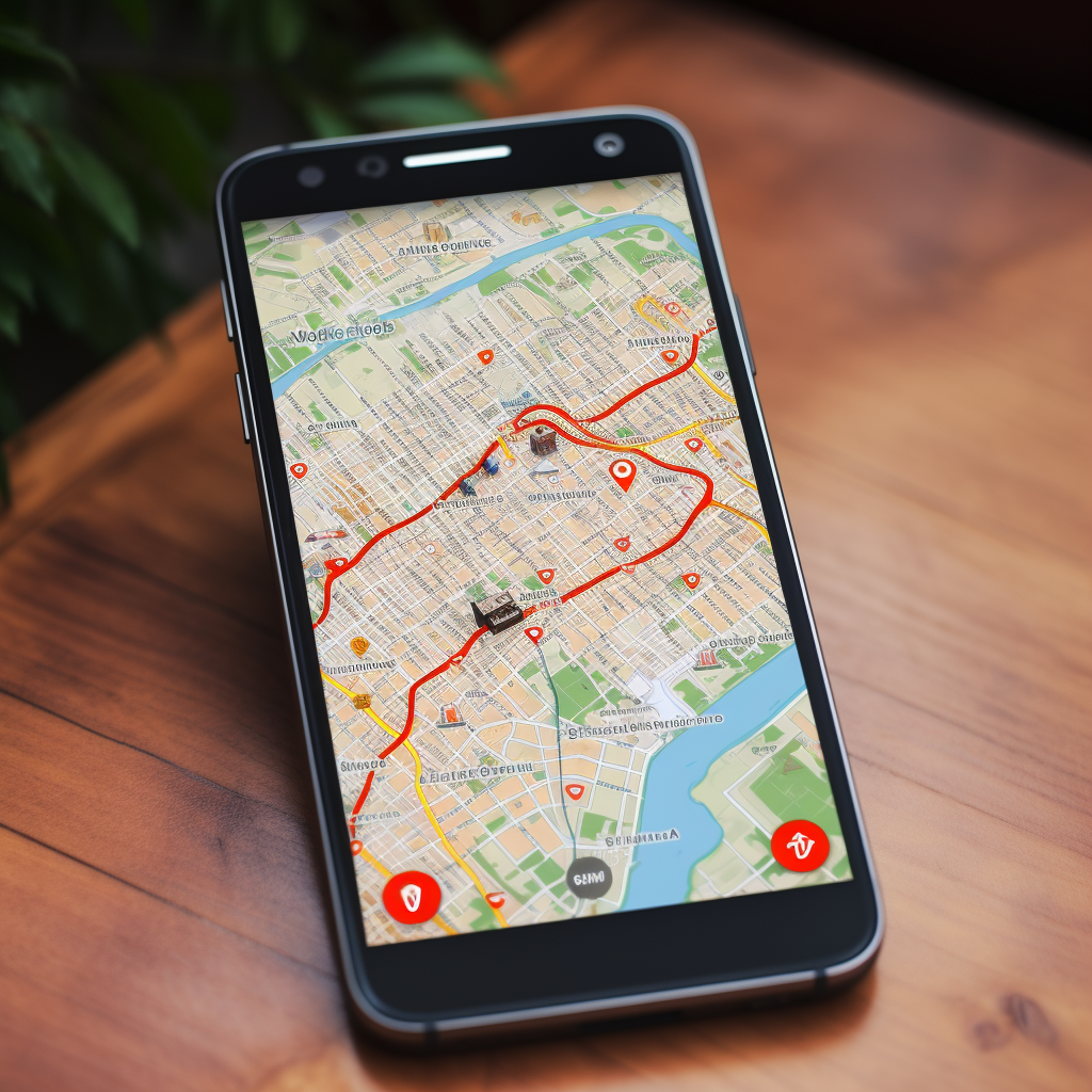 smartphone on the wooden table with gps map and trace