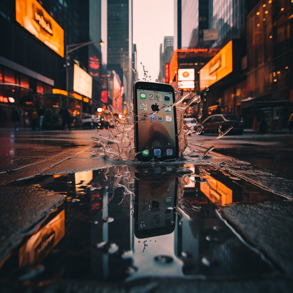 street smartphone photography smarthphone splash on water on the street near shops and buildings