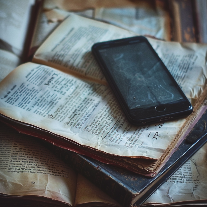 table with old books and smartphone on book