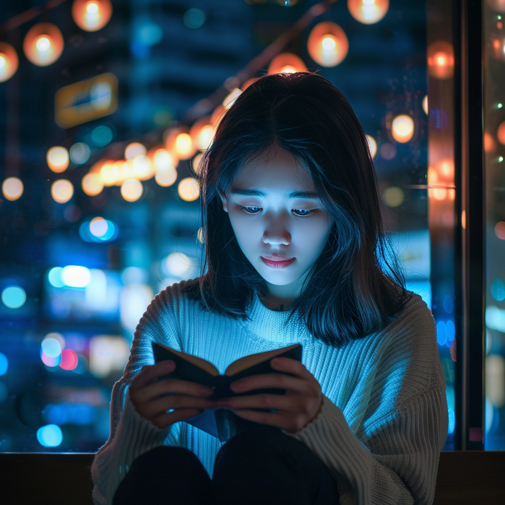 girl reading book with smartphone inside book, near windows