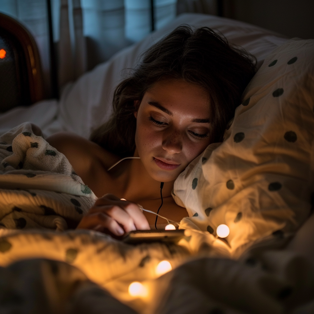 girl sleeping with smartphone and using it in bed