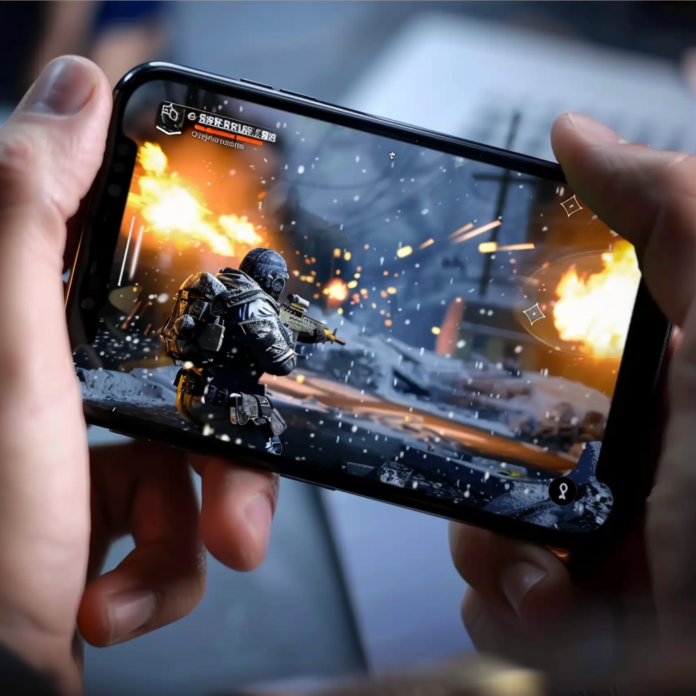 hands holding android smartphone with shooting game