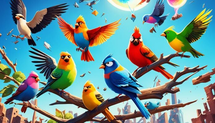 game with many colorfull birds and parrots.