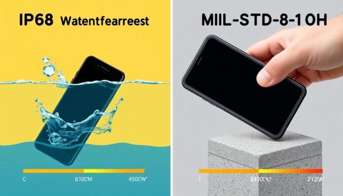 Illustration showing IP68 and MIL-STD-810H certification testing for ultra-durable smartphones