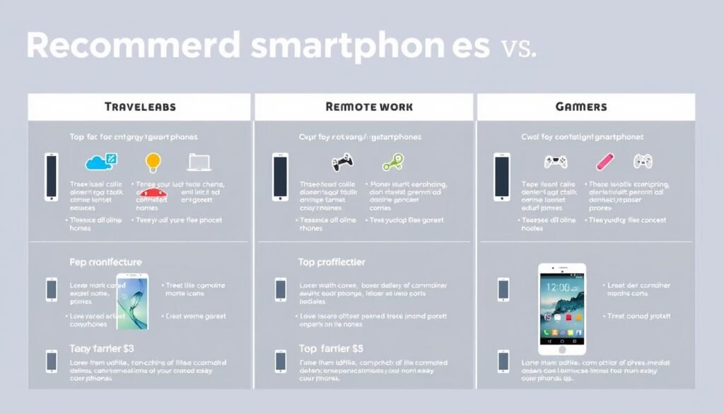 Visual guide showing recommended smartphones for different user profiles: travelers, remote workers, and gamers