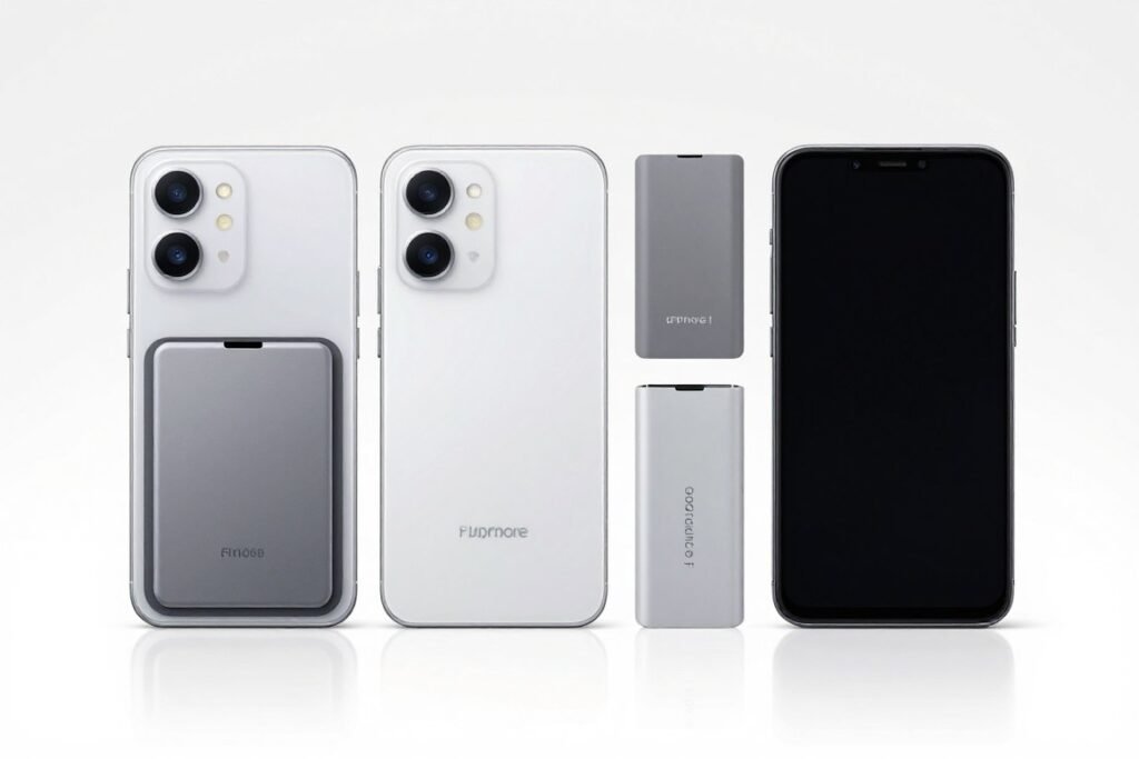 Fairphone 5 with its modular components displayed alongside the assembled phone