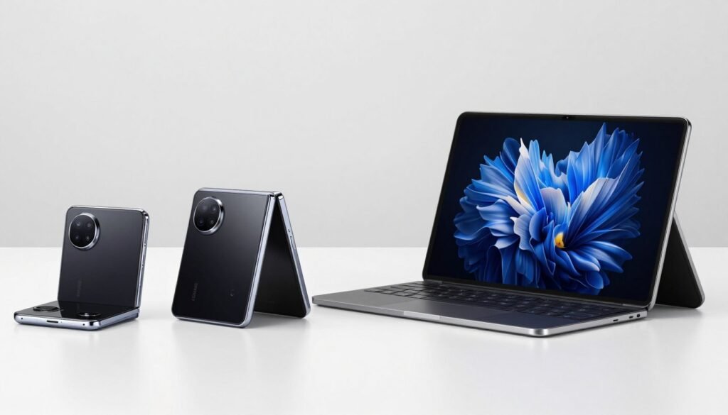 Huawei Mate XT Ultimate tri-fold smartphone shown in its three different folding positions