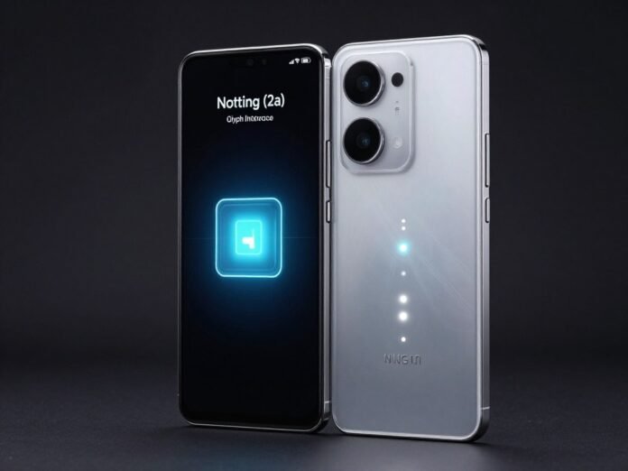 Nothing Phone (2a) with its transparent back and Glyph Interface illuminated against a dark background